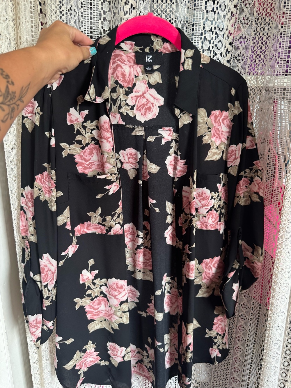 Iz Byer Black Blouse with Pink Rose Print